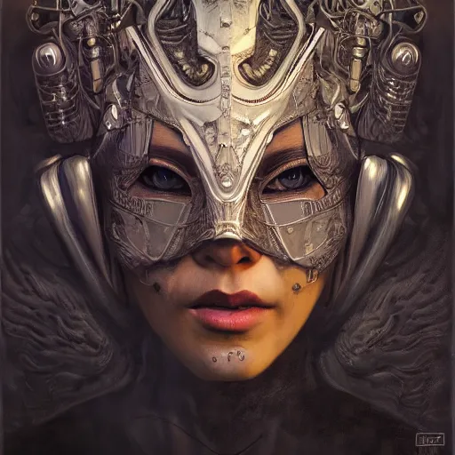 Prompt: Highly detailed central composition studio photography of face with venetian mask, intricate, dystopian, pulp sci-fi, extremely detailed, digital painting, artstation, concept art, smooth, sharp focus, illustration, intimidating lighting, incredible art by Anna Dittmann and Anton Pieck and Vincent di Fate