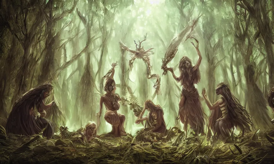 Prompt: cult performing a ritual in a forest, digital art, concept art, fantasy art, highly detailed, hd wallpaper, hdr, artstation, deviantart, behance