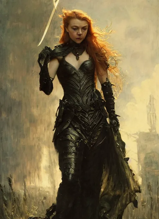 Image similar to redhead natalie dormer wearing black medieval armour, bare legs, detailed, by gaston bussiere, bayard wu, greg rutkowski, giger, maxim verehin, greg rutkowski, masterpiece, sharp focus, cinematic lightning