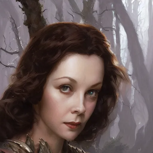 Image similar to closeup portrait of a young vivian leigh as a wizard casting magic, forest background, megacity, high fantasy, dramatic light, gorgeous view, depth, high detail, digital art, painted by greg rutkowski, trending on artstation