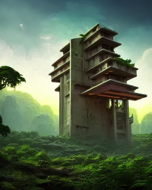 Image similar to a beautiful photorealistic rendering of abandoned blockhouse by frank lloyd wright, laser landscape fisheye sci - fi tron fantasy uv light junglepunk sunset universe magic realism cosmic rainforest evil sea darkacademia extraterrestial, archdaily, wallpaper, highly detailed, trending on artstation.