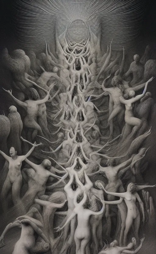 Image similar to photo of a vortex of gods and goddesses in their spiritual bodies rushing towards the inner light in the in - between state, dark gorgeous, great barrier reef, intricate photography, hyperrealistic in the style of zdzisław beksinski, francisco goya, hieronymus bosch, hyperdetailed, sharp focus, intricate, ambient lighting, 1 6 k, hyper quality,