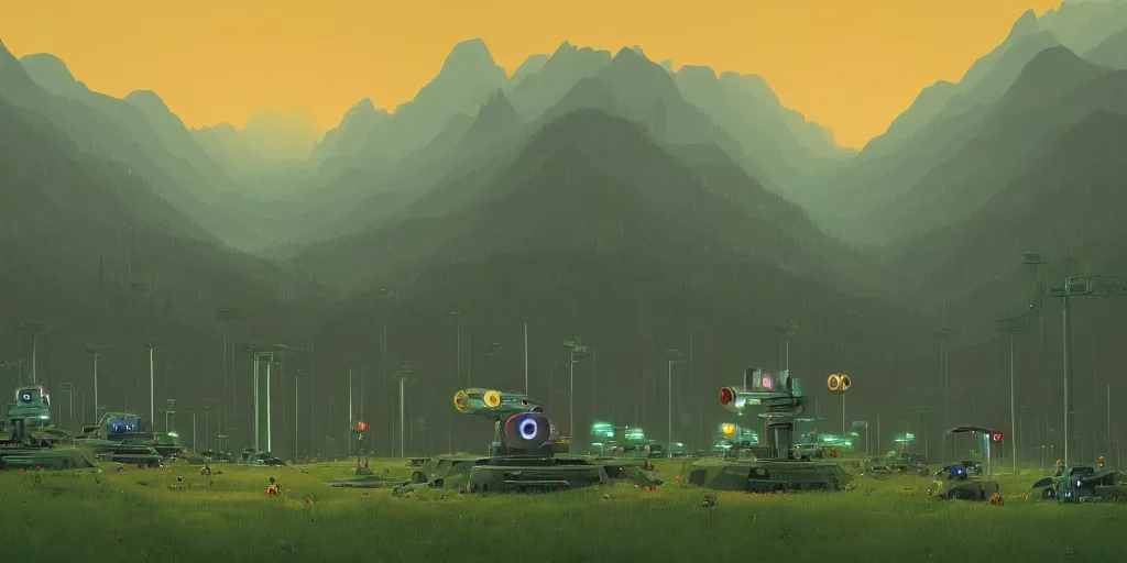 Prompt: green mountains with robots in the middle, by simon stalenhag