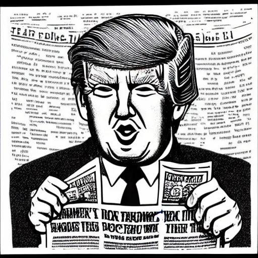 Image similar to close - up portrait of donald trump eating newspapers, by robert crumb, black and white drawing, very intricate