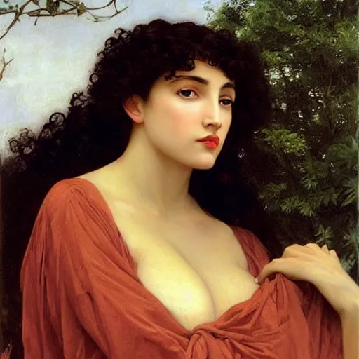 Image similar to oil painting of a portrait of a Queen dark curly hair, fair skin, by Bouguereau, by Patrick Nagel, by Georgia O Keeffe, by Gustave Moreau, art deco, matte drawing, storybook illustration, tonalism, realism