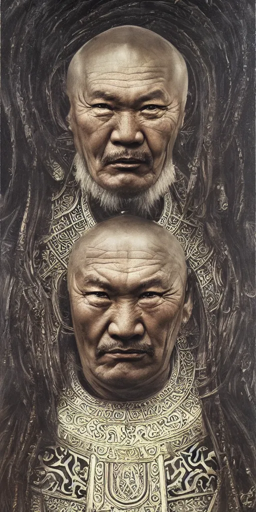 Image similar to a stunning and noble highly detailed portrait of genghis khan by h. r. giger, trending on artstation, oil painting masterpiece, symmetry, mysterious, very very very aesthetic