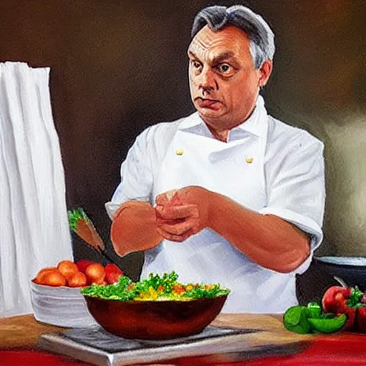 Image similar to viktor orban cooks in a tv show, oil painting