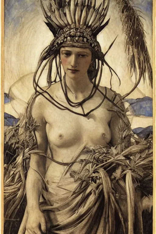 Image similar to queen of the plains with her harvest by Annie Swynnerton and Nicholas Roerich and jean delville, strong dramatic cinematic lighting , ornate headdress , flowing robes, lost civilizations, smooth, sharp focus, extremely detailed