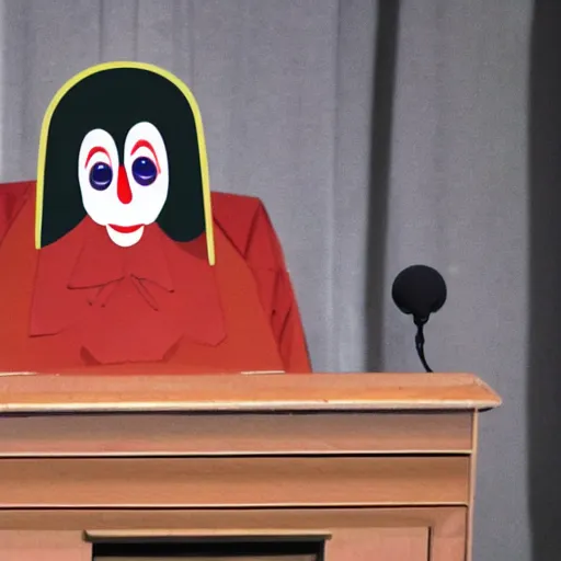 Image similar to string puppet of a president with clown makeup in a podium and a human shadow behind