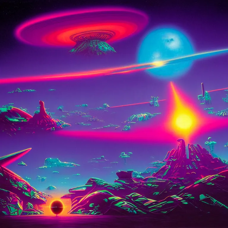 Prompt: edge of infinite quantum space, synthwave, bright neon colors, highly detailed, cinematic, tim white, roger dean, michael whelan, jim burns, bob eggleton, chris moore, vladimir kush, kubrick, alfred kelsner, vallejo