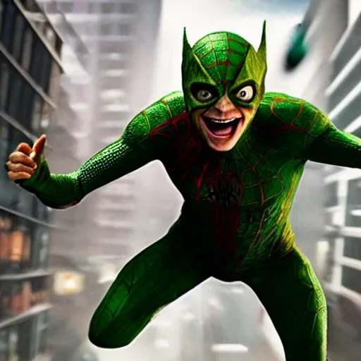 Image similar to Tobey Maguire as the Green Goblin, fighting Daniel Radcliffe as Spider-Man, 2023 movie preview, screenshot, promotional still, Ultra HD, 8k, realistic