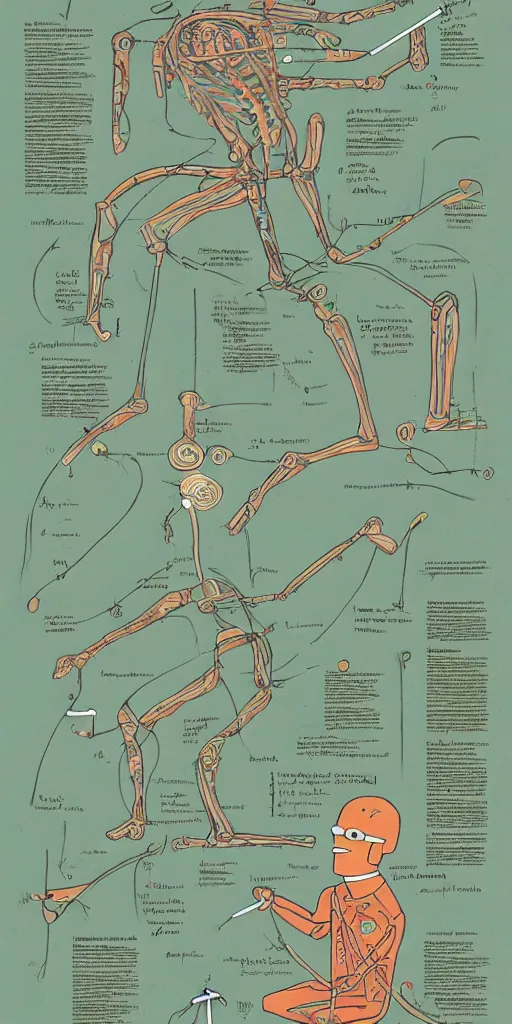 Image similar to anatomy of a bender bending rodriguez, diagrams, map, marginalia, sketchbook, old script, inhabited initials, pastel infographic by Wes Anderson and victo ngai