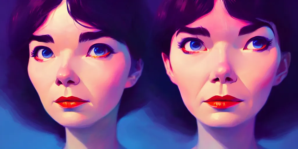 Image similar to low angle portrait of Bjork, tepainting concept Blizzard pixar maya engine on stylized background splash comics global illumination lighting artstation lois van baarle, ilya kuvshinov, rossdraws