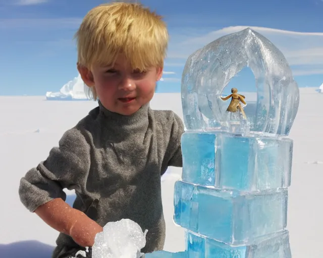 Prompt: ice sculpture. there is a little blonde boy trapped in the figurine made of ice. antartica