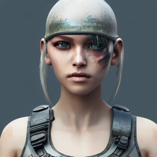 Image similar to beautiful female android, full round face, short smile, full body, post apocalyptic setting, medium shot, mid-shot, highly detailed, trending on Artstation