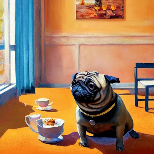 Prompt: 3 d pug, lounging in a breakfast room on orange carpet, sun rays, bokeh, vogue cover, oil painting, detailed brush strokes, impressionism, art by tooth wu and wlop