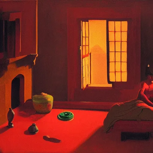 Image similar to a red-opium den in the ornate indian village by Raphael, Hopper, and Rene Magritte. detailed, romantic, enchanting, trending on artstation.
