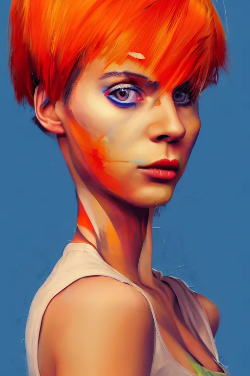 Image similar to a award winning half body portrait of a beautiful caucasian woman in a croptop and cargo pants with ombre orange blue teal hairstyle with head in motion and hair flying by martine johanna and will eisner, outrun, vaporware, digital art, trending on artstation, highly detailed, fine detail, intricate