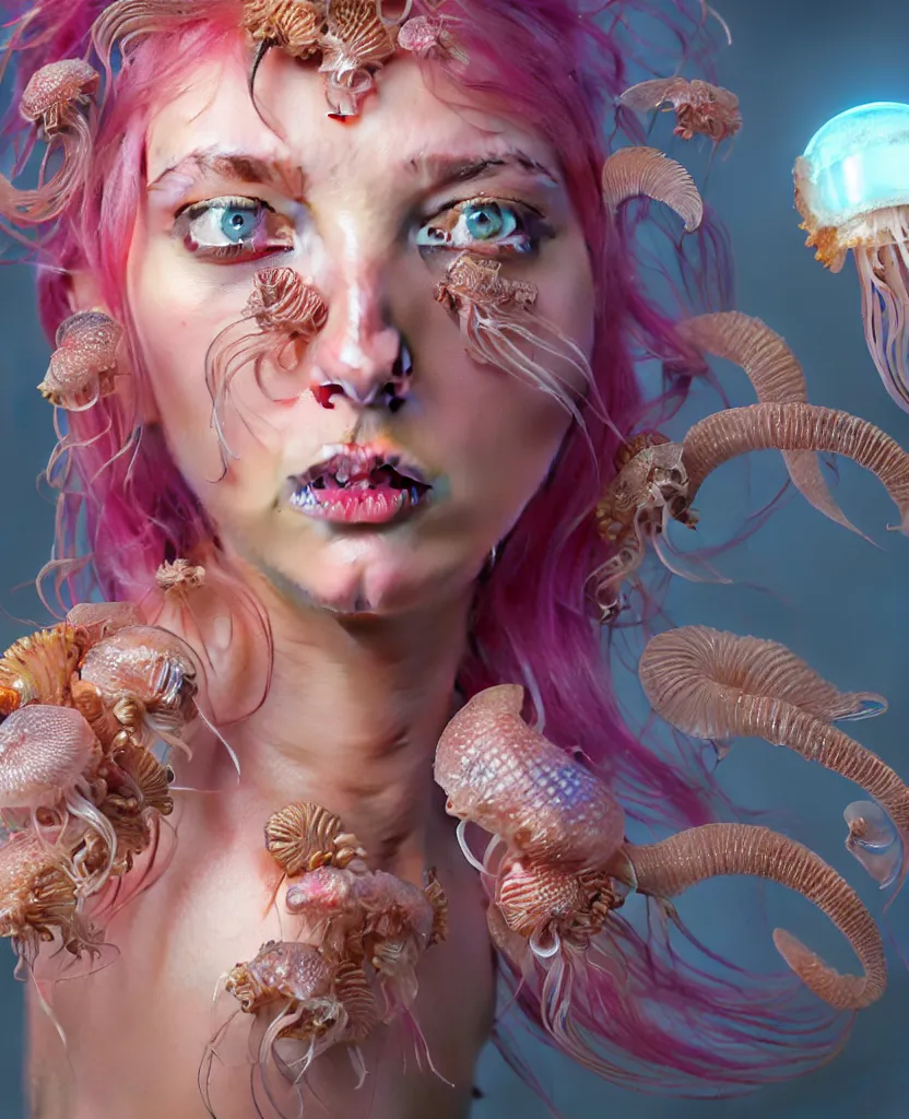 Image similar to goddess princess beautiful face close-up portrait ram skull zbrush sculpt. jellyfish phoenix head, nautilus, orchid, skull, betta fish, bioluminiscent creatures, intricate artwork by Tooth Wu and wlop and beeple. octane render, trending on artstation, greg rutkowski very coherent symmetrical artwork. cinematic, hyper realism, high detail, octane render, 8k