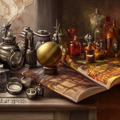 Image similar to hyper real, table, map, wizards laboratory, tony sart, mortar, pestle, scales, energy flowing, magic book, beakers of colored liquid