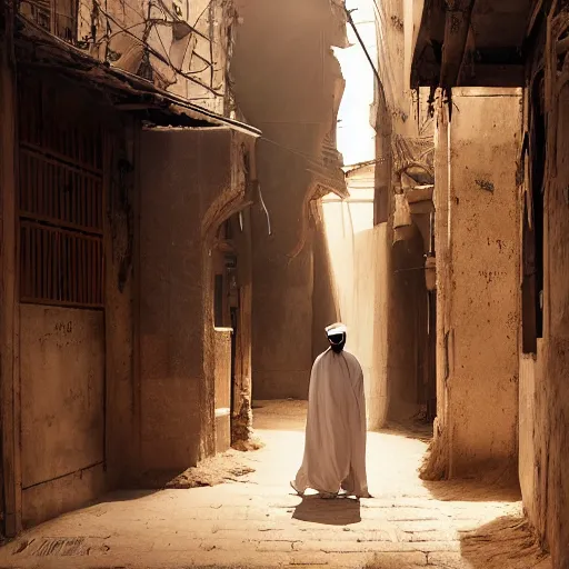 Image similar to old jeddah city alley, roshan, old shops, horse, magical glowing sand gateway to another dimension, a man wearing a white robe standing watching over, dramatic lighting, dawn, by caspar david friedrich by beeple and james gilleard and justin gerard, centered, artstation, smooth, sharp focus, photoreal octane render, 3 d, by jean baptiste monge