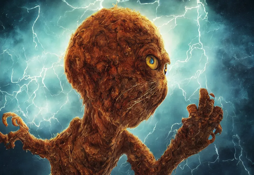 Image similar to eldritch horror bloody garfield in space, hd, 8 k, giant, epic, realistic photo, unreal engine, prophecy, powerful, cinematic lighting, destroyed planet, debris, violent, sinister, ray tracing, dynamic, epic composition, dark, horrific, teeth, grotesque, monochrome drawing, hellscape, corpses, foreboding, lightning, garfield cartoon eyes