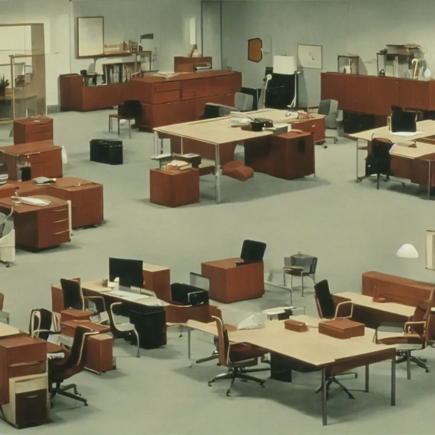 Image similar to a still of severance series indoor 7 0 s furniture office scenario appearing in a film of jacques tati