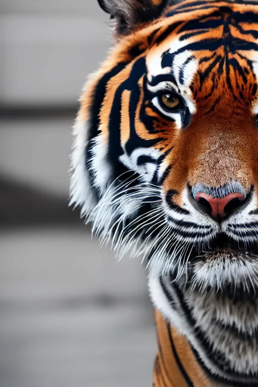 Image similar to high quality portrait photo of a tiger dressed in a dark business suit and tie, Anthropomorphic, photography 4k, f1.8 bokeh, 4k, 85mm lens