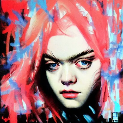 Image similar to a striking hyper real painting of Elle Fanning by Yoji Shinkawa