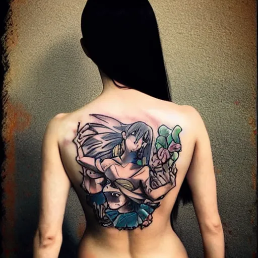 Prompt: muscular girl, long hair, tattooed back, HD, anime style,