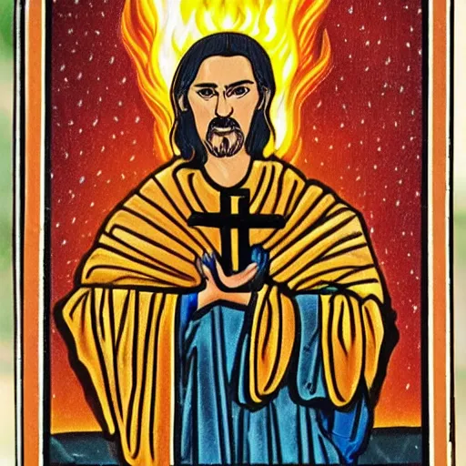 Prompt: a beautiful! portrait of a stern preacher holding a burning cross in tarot style