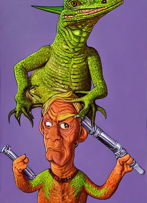 Image similar to oil painting portrait of a cowboy lizard person, a gorn from star trek, a snake oil salesman wearing a blonde wig in a movie poster for a movie called gorn on the bull horn girl, purple green color scheme