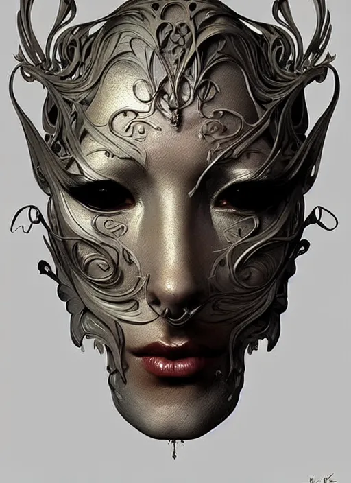 Image similar to floating thespian mask, face, detailed, intricate, elegant, highly detailed, digital painting, artstation, concept art, smooth, sharp focus, illustration, art by Krenz Cushart and Artem Demura and alphonse mucha