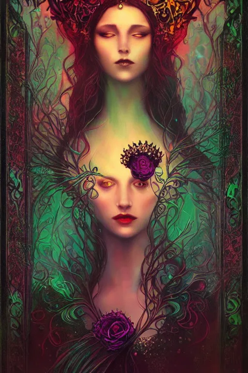 Image similar to jeweled Crown, other worldly, dark fae court, black roses, vivid colors, art nouveau, by Anato Finnstark, Tom Bagshaw, Brom