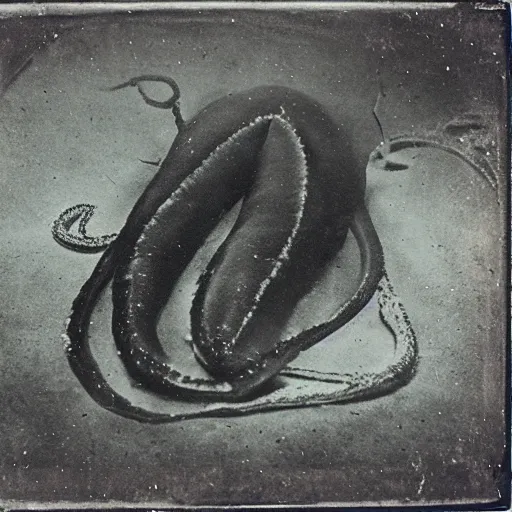 Prompt: underwater tintype photo of a giant squid