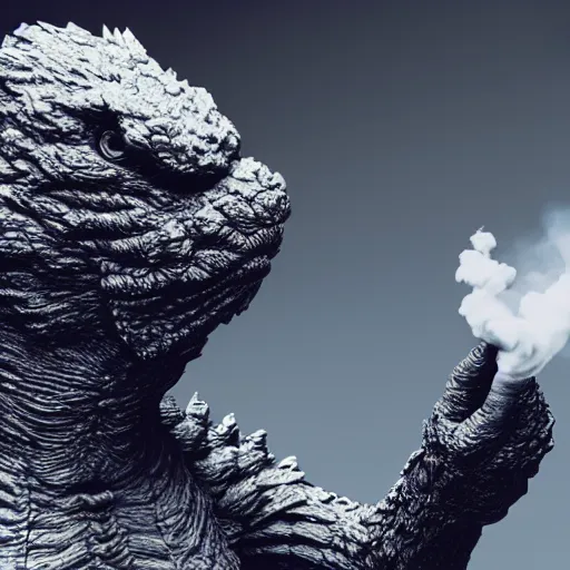 Image similar to anthropomorphic godzilla smoking cigarette, vray