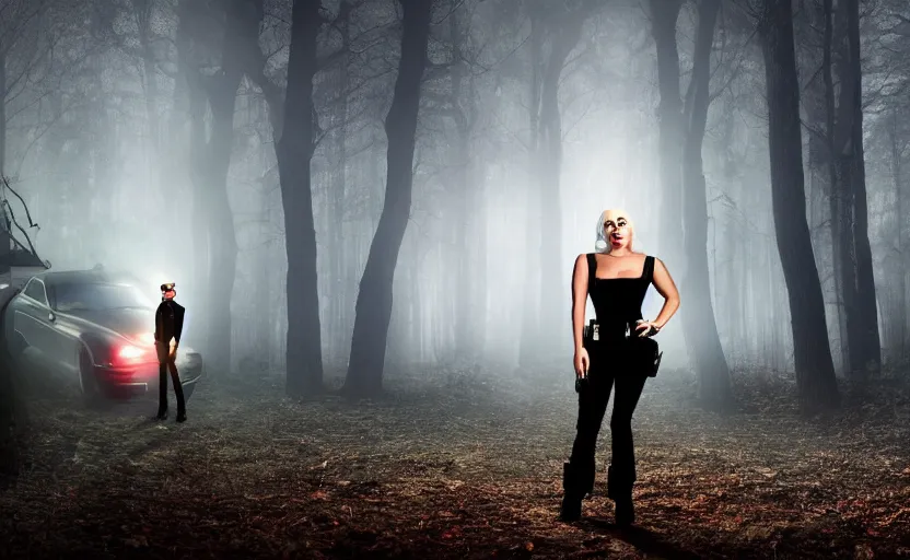 Image similar to lady gaga as a cop in a spooky forest, ufo overhead, alien, realistic, 8 k resolution, hyperdetailed, highly detailed, real life, studio lighting, high quality