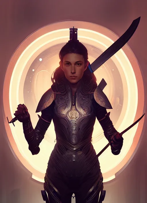 Prompt: symmetry!! portrait of a female character with a sword and armor, sci - fi, tech wear, glowing lights!! intricate, elegant, highly detailed, digital painting, artstation, concept art, smooth, sharp focus, illustration, art by julian del rey and greg rutkowski and alphonse mucha