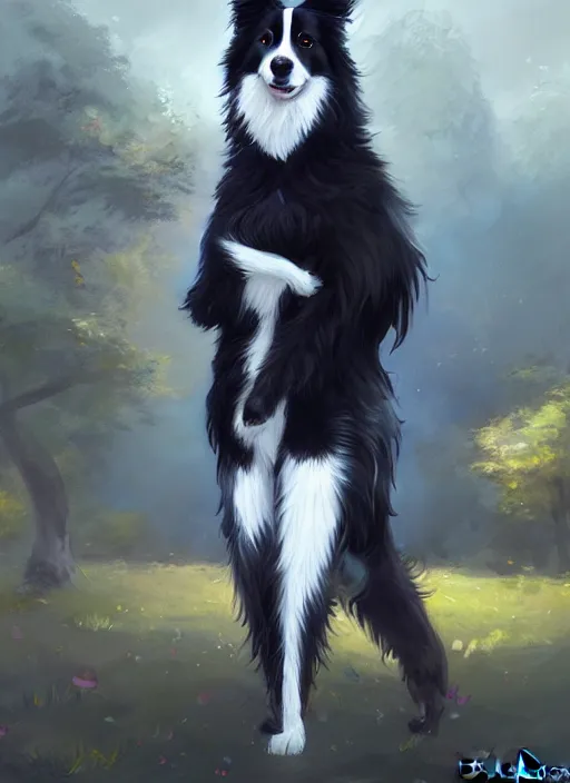 Prompt: wide angle full body portrait of a cute male anthropomorphic border collie fursona wearing a jacket in front of a park, by charlie bowater, henry asencio, and ross tran, concept art, digital painting, furaffinity, scenic background, intricate, elegant, beautiful, fantasy, glamor pose, detailed, trending on artstation