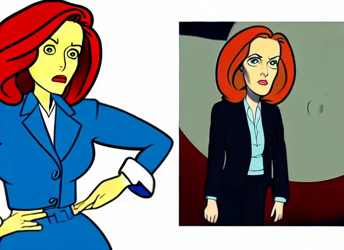 Image similar to dana scully on the x - files : the animated series, shaded animation still, animation model, sharp detail, animation cel, thin linework, in the style of don bluth, bruce timm, alex toth, filmation, toei animation, studio trigger, 5 k, hd