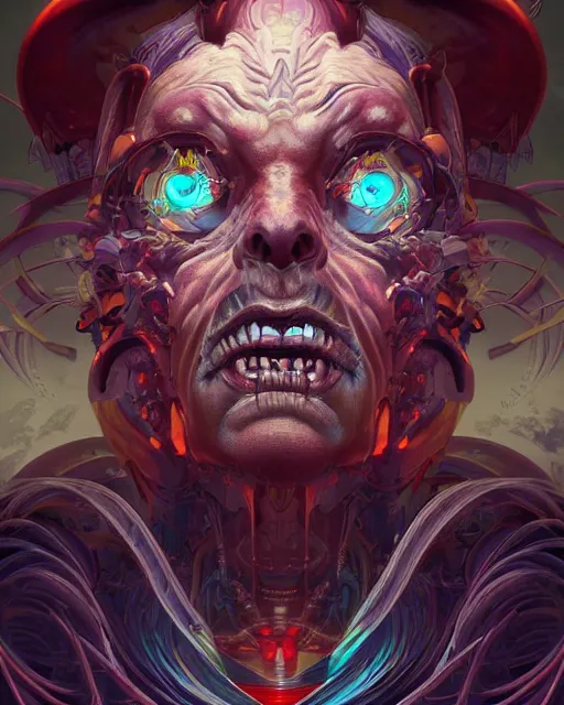 Prompt: a stunning portrait of the demonic cyborg deity, digital art by Dan Mumford and Peter Mohrbacher and Ross Tran, highly detailed, trending on cgsociety