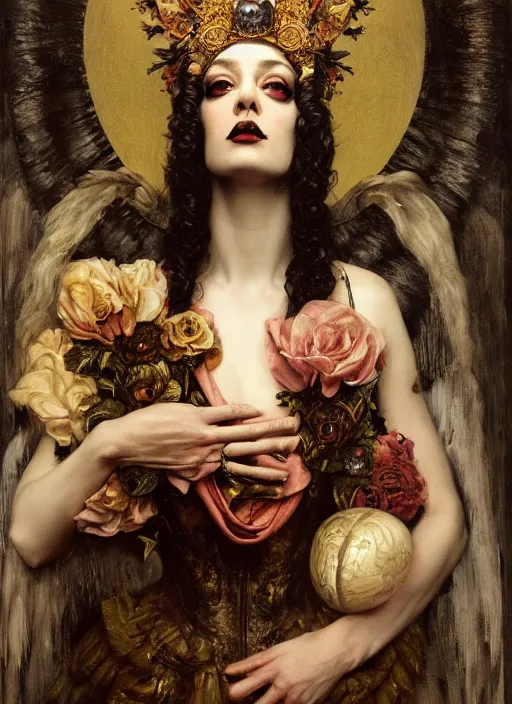 Image similar to highly detailed oil painting | very intricate | cinematic lighting | award - winning | portrait of the goddess of goth dressed by alexander mcqueen | by roberto ferri, by tom bagshaw, by j. c. leyendecker and klimt, american romanticism, by austin osman spare, artstation, cgsociety, official art, octane