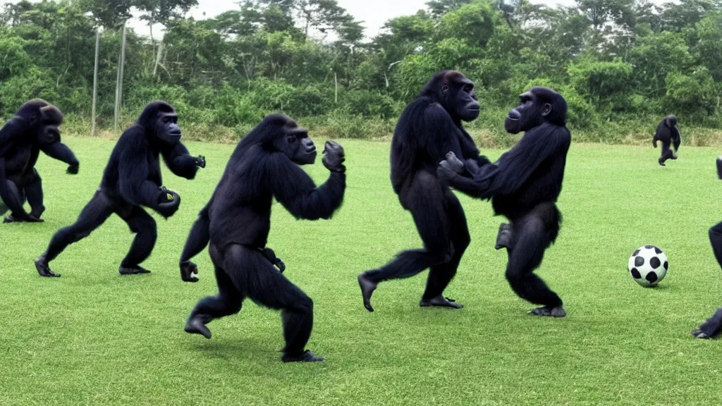 Image similar to gorillas using vr headset playing soccer, vivid