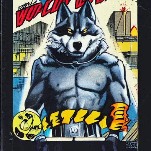 Image similar to 1 9 8 0 s comic book cover scan featuring a portrait of villain male wolf o'donnell anthropomorphic wolf furry fursona from starfox wearing a dark space mercenary uniform, dark grey wolf, handsome eyes, wolf o'donnell