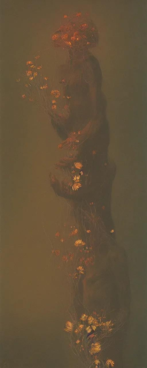 Prompt: a golemn tending to a beautiful dried flower in a dark room, zdzislaw beksinski, arthur rachham, 8 k, artstation