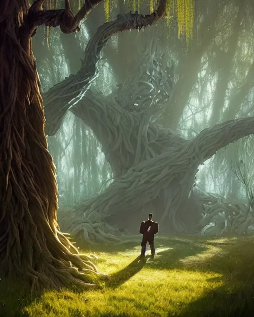 Image similar to highly detailed surreal vfx portrait of a cursed monster in a shadowy forest by a willow tree, stephen bliss, unreal engine, greg rutkowski, loish, rhads, beeple, makoto shinkai and lois van baarle, ilya kuvshinov, rossdraws, tom bagshaw, alphonse mucha, global illumination, detailed and intricate environment