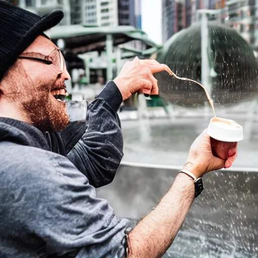 Prompt: man drinking all the world's coffee in seattle, impossible coffee fountains, coffee falling from the sky, man exposing with energy and electricity, realistic photograph