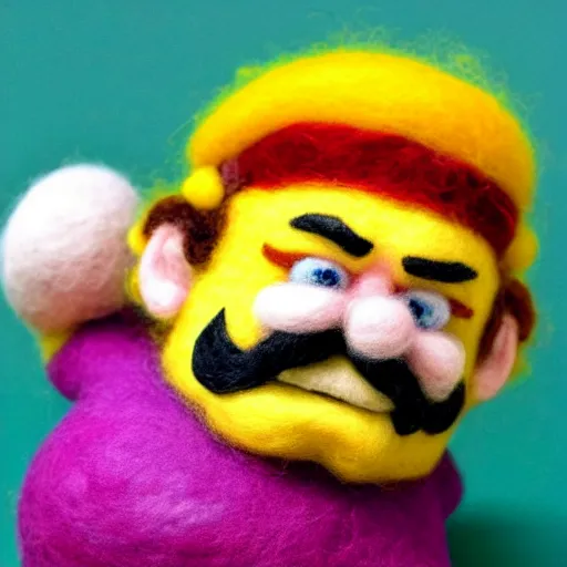 Image similar to a needle felted Wario, needle felting art.