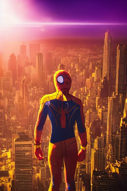 Prompt: yellow and purple spider-man, character poster, dramatic lighting, atmospheric dust, intense lens flare, city backdrop