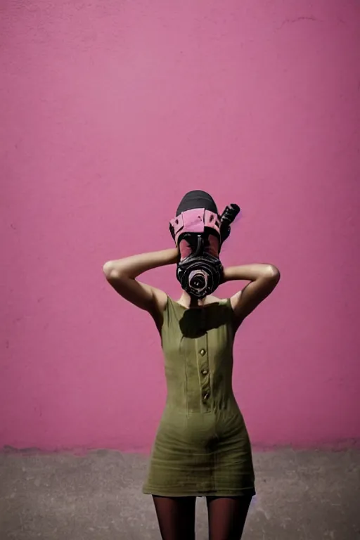 Image similar to a surreal portrait of intertwined and contorted figures wearing gas mask next to a pink wall in the style of brooke didonato, editorial fashion photography from vogue magazine, full shot, nikon d 8 1 0, ƒ / 2. 5, focal length : 8 5. 0 mm, exposure time : 1 / 8 0 0, iso : 2 0 0